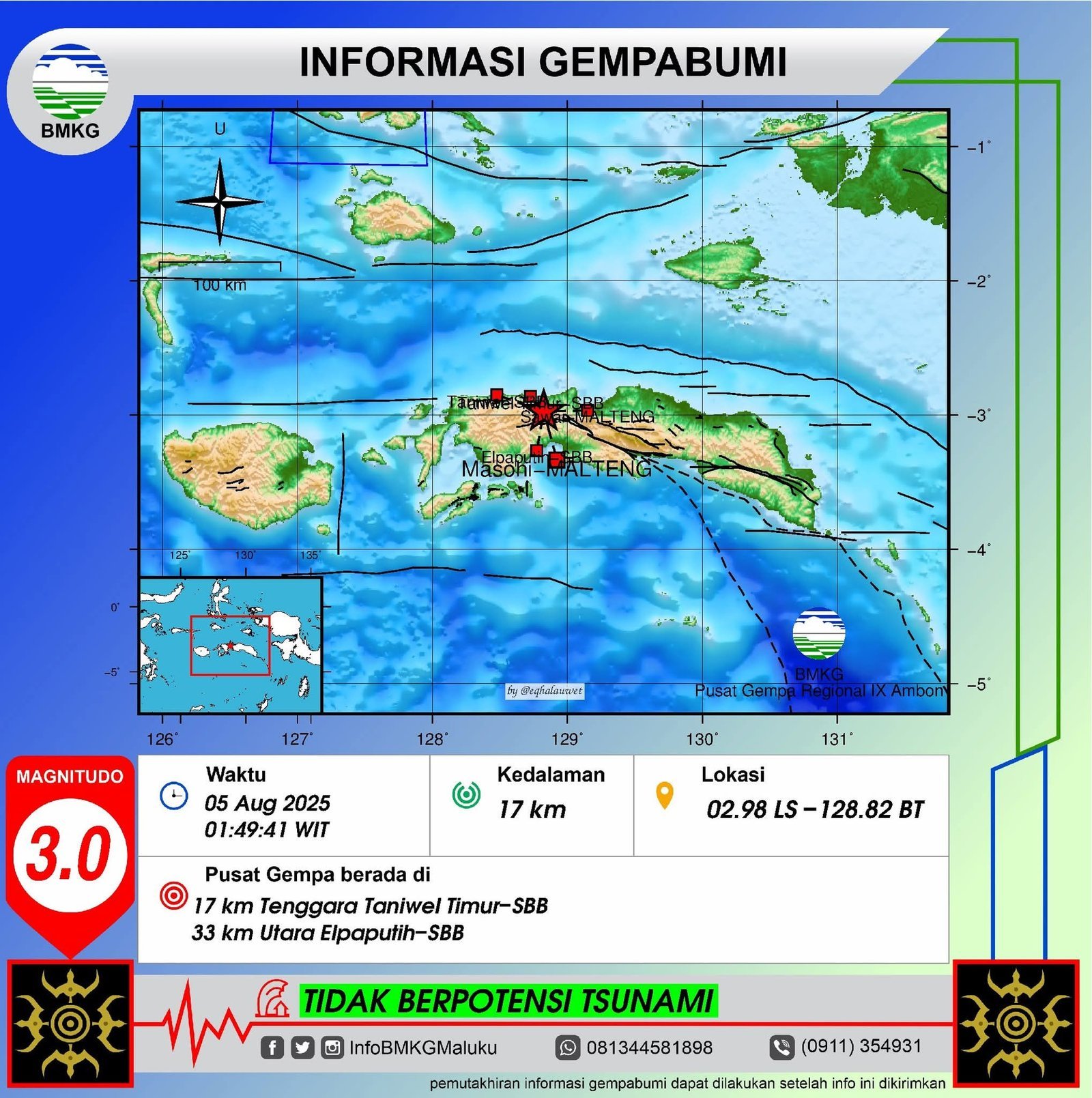 Lembut Menggetar Malam: Gempa Magnitudo 3,0 Guncang Tenggara Taniwel Timur, SBB