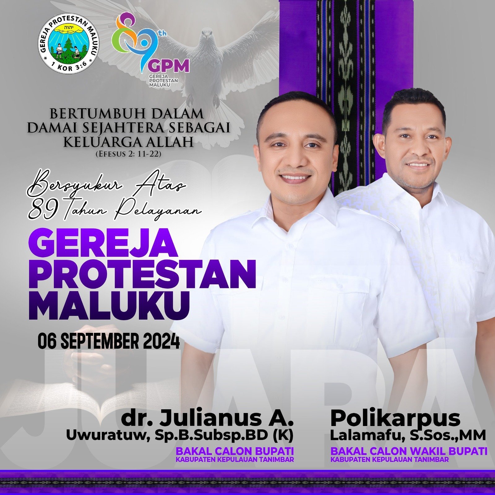 dr. Julianus A. Uwuratuw, Sp.B.Subsp.BD(K) & Polikarpus Lalamafu, S.Sos.,MM.   (Calon Bupati & Calon Wakil Bupati KKT) 2024-2029  Mengucapkan;