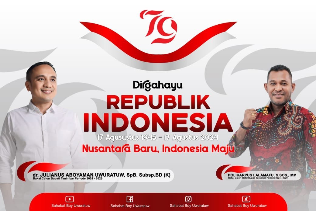 dr. Julianus Aboyaman Uwuratuw, SpB. Subsp. BD(K). & Polikarpus Lalamafu, S.Sos., MM.   Mengucapkan;  Dirgahayu Republik Indonesia Ke - 79.