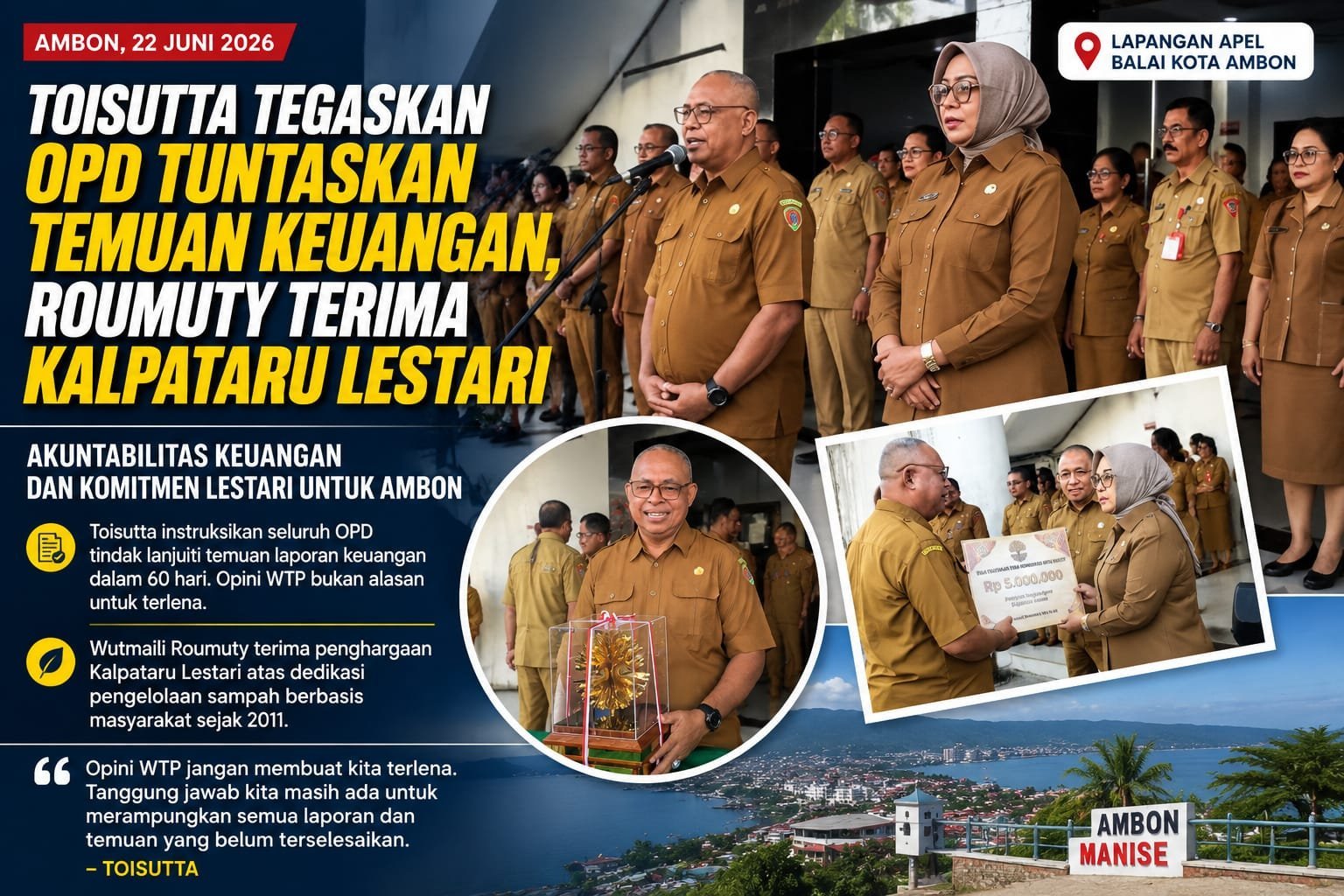 Toisutta Tegaskan OPD Tuntaskan Temuan Keuangan, Roumuty Terima Kalpataru Lestari