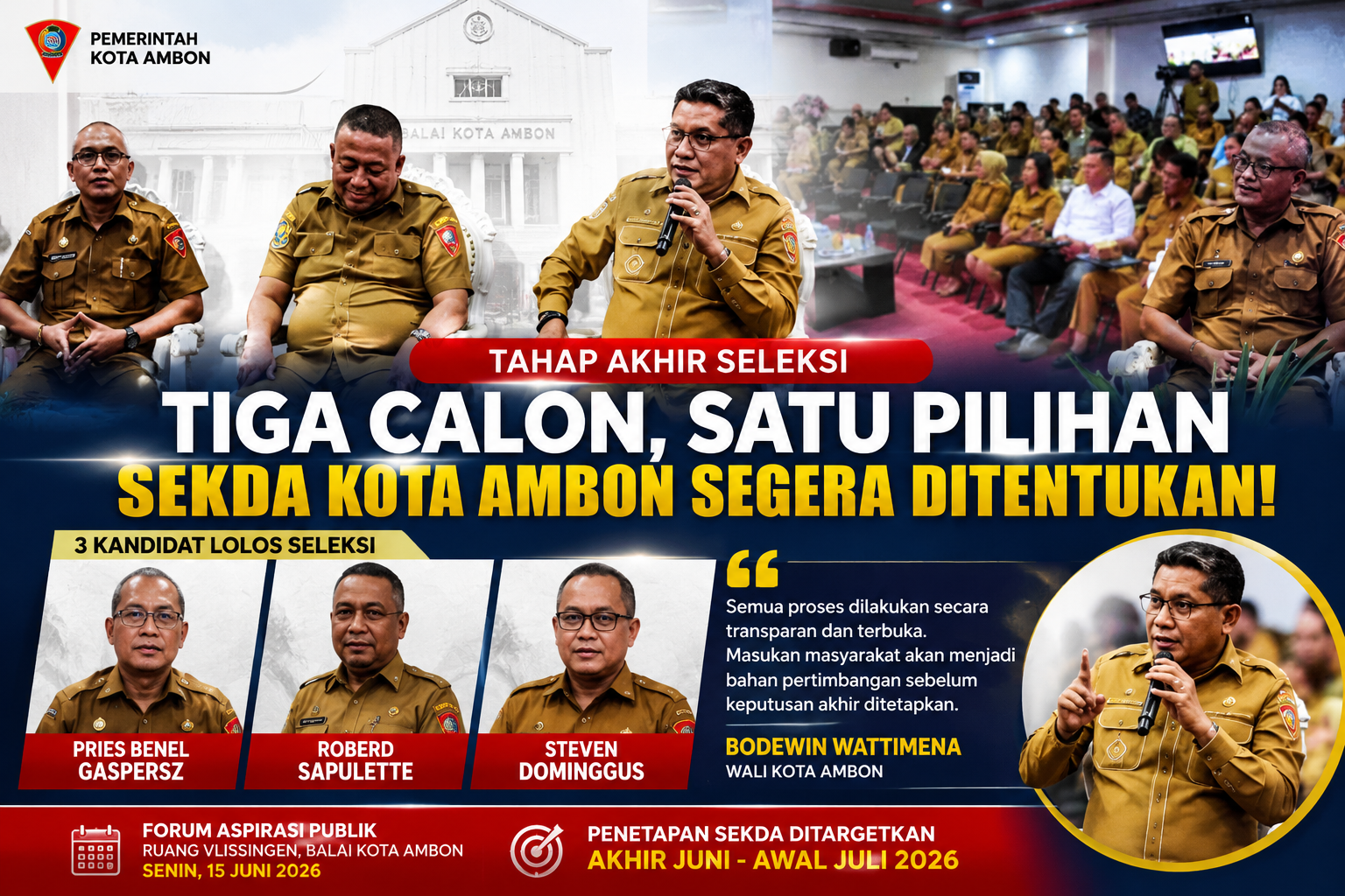 Tiga Nama Mengerucut, Sekda Definitif Kota Ambon Segera Ditentukan