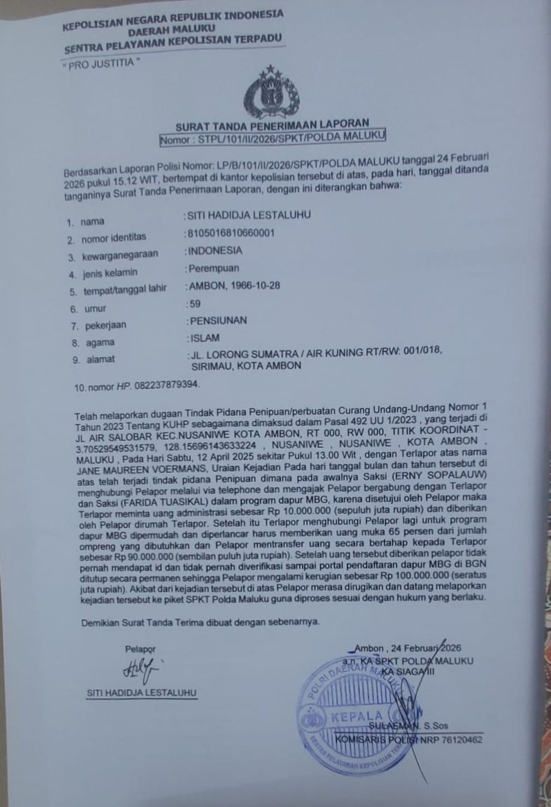 Diduga Gelapkan Dana Program MBG, Oknum Kader Gerindra Maluku Dilaporkan ke Polda Maluku